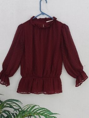 Mi Ami Burgundy Ruffle Detail Peplum Blouse